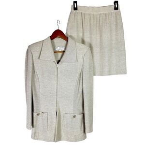 St John Collection 2-Piece Skirt Suit Sz 6 / 4 Gray Classic Santana Knit Set EUC